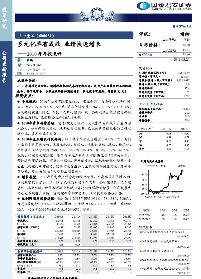 三一重工(600031)2010年年报点评:多元化卓有