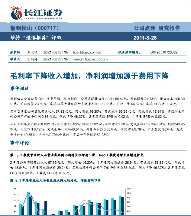 韶钢松山-000717-毛利率下降收入增加,净利润