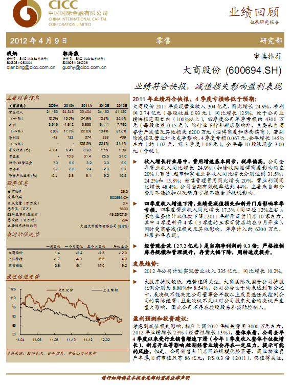 ���̹ɷ�-600694-ҵ�����Ͽ챨,��ֵ��ʧӰ��ӯ������